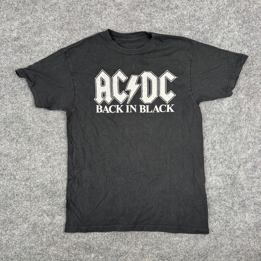 AC/DC T-Shirt Mens Size S Black Back In Black Graphic Band Tee Distressed Hole
